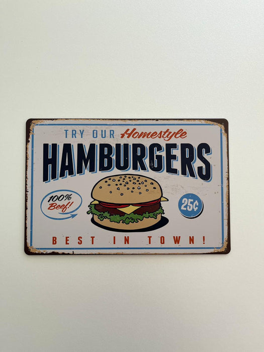 PLAQUE MÉTAL HAMBURGER 30X20 CM - PLAQUE DECORATIVE