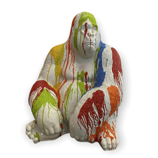 Statue Gorille Assis Animaux Resine - 75cm - Multi Coulure Blanc - ANIMAUX-RESINE.FR