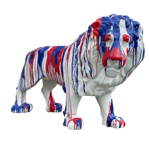 Statue Lion Animaux Resine - 35cm - Coulure Bleu et Rouge - ANIMAUX-RESINE.FR